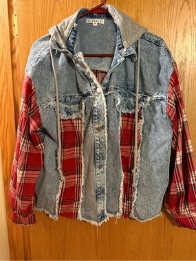 Women's Red Plaid & Light Wash Denim Hooded Jacket by Blakely